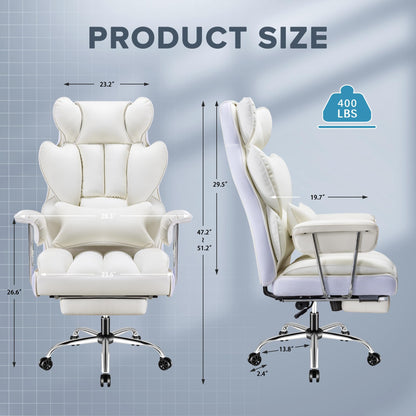 Furmax Big and Tall Office Chair, High Back Leather Gaming Chair with Footrest, Reclining Ergonomic Executive Chair with Lumbar Support for Heavy People 400lbs Home Office Desk Chairs (White)