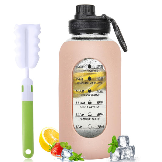 40oz Glass Water Bottle with Handle Lid Time Marker Motivational Sport Water Jug with Silicone Sleeve Water Flask Canteen Wide Mouth Water Bottle for Gym Workout Travel Office Home Everyday Hydration