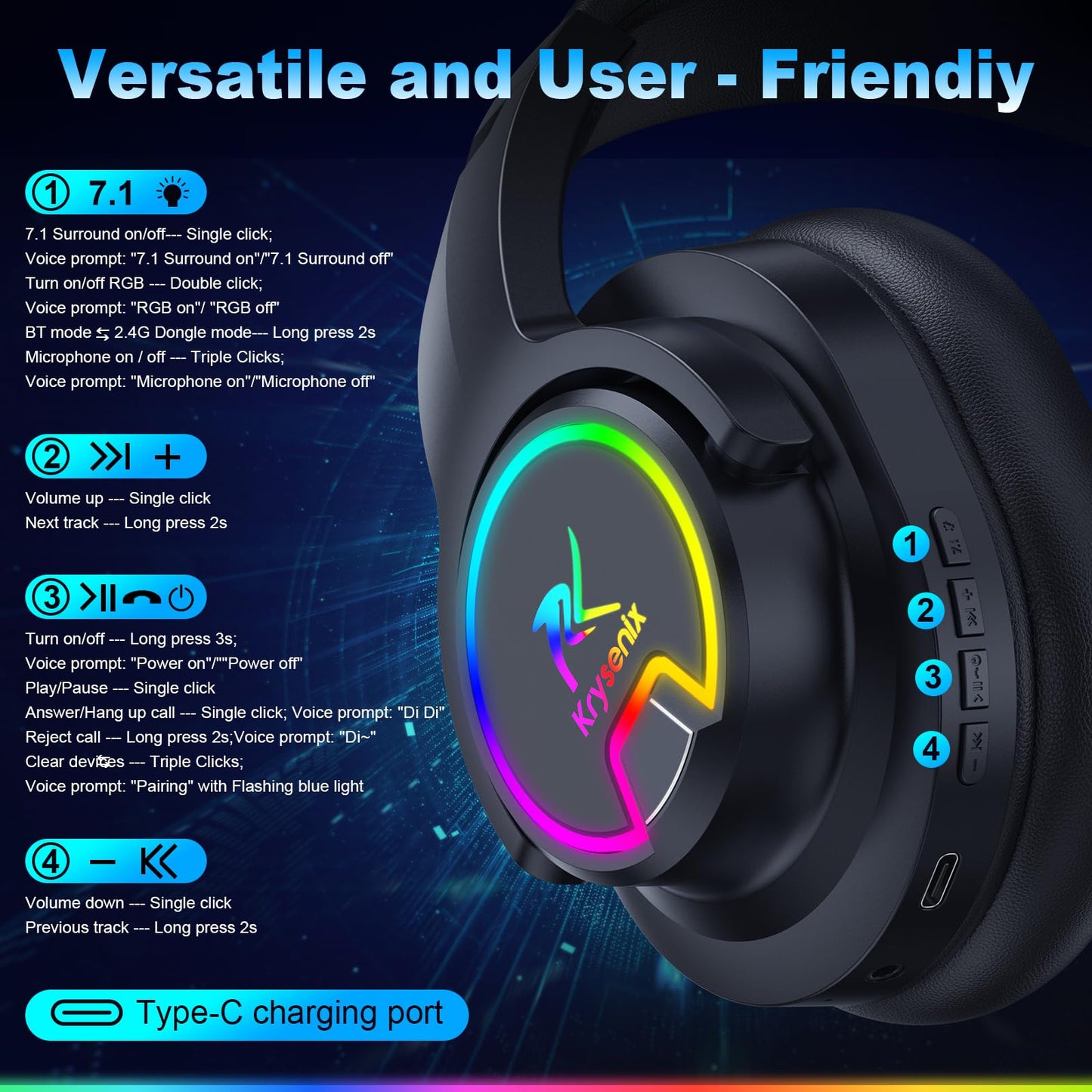 Krysenix PG3 Wireless Gaming Headset for PS4, PS5, PC - 2.4GHz 7.1 Surround Sound, Bluetooth Gaming Headphone with AI Detachable Noise Canceling Mic, 48-Hr Battery for Laptop, Switch, Mac (Black)