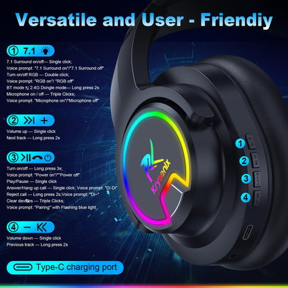 Krysenix PG3 Wireless Gaming Headset for PS4, PS5, PC - 2.4GHz 7.1 Surround Sound, Bluetooth Gaming Headphone with AI Detachable Noise Canceling Mic, 48-Hr Battery for Laptop, Switch, Mac (Black)