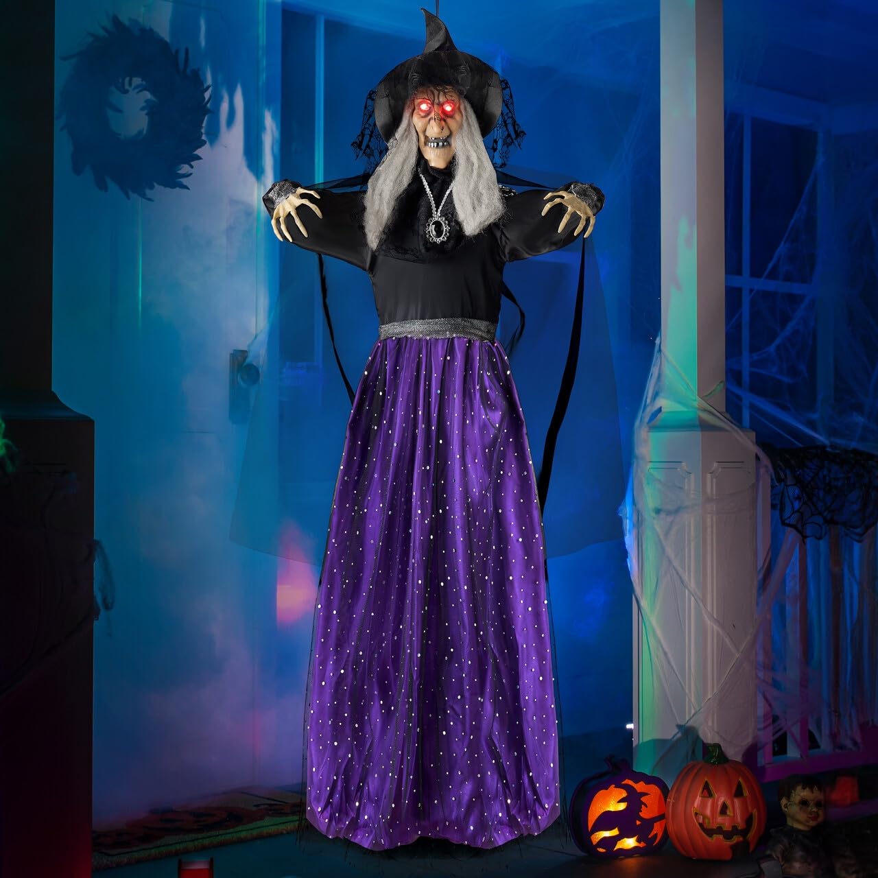 JOYIN 47” Animated Witch Halloween Decorations Outdoor Indoor, Scary Halloween Animatronics Decor, Hanging Ghost Talking Sound Activated Led Lights Eyes Haunted House Yard Garden Lawn