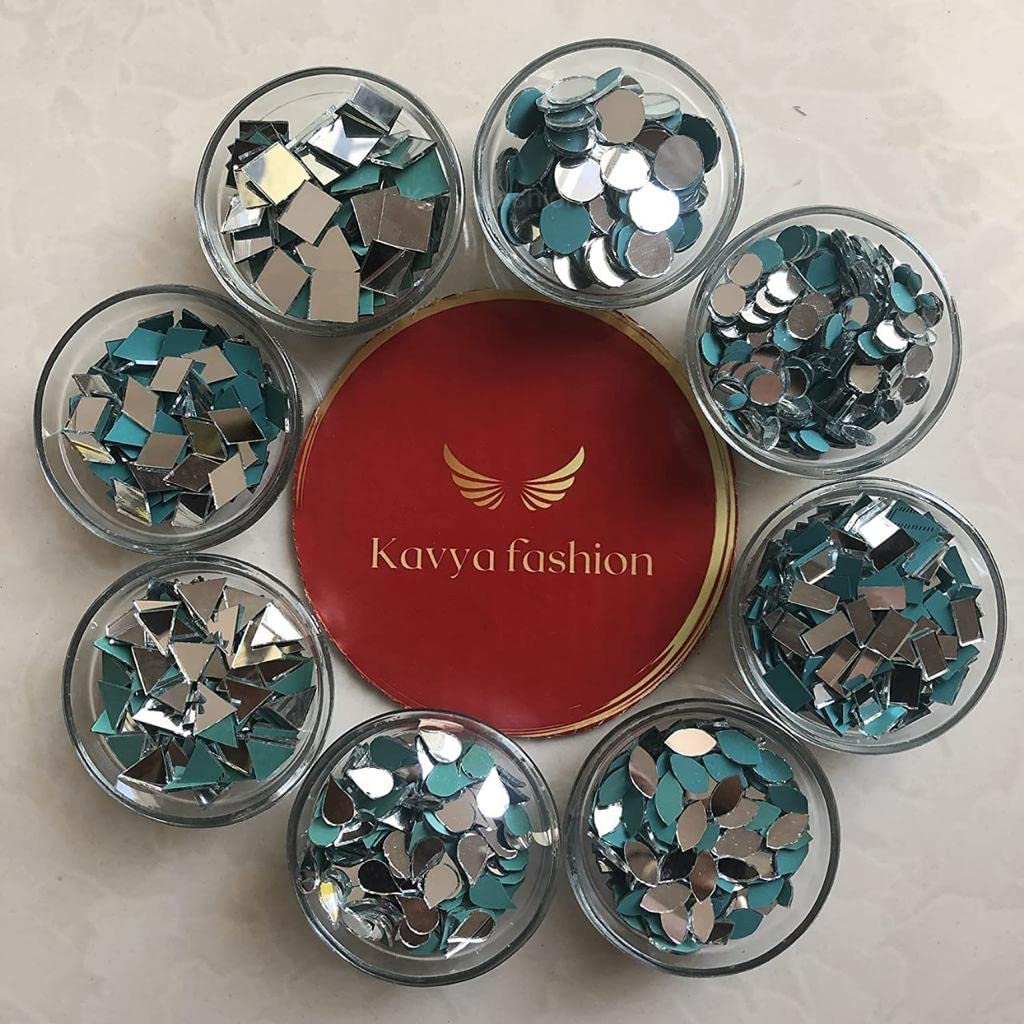 Kavya Fashion 8 Shape Mirror kit for Jewellery Making,Other Craft Work Like Project & lippan Art, mud Work Decoration (Total-800 Pieces, 100 Piece of Each Shape) Free Fabric Glue (Combo of 8)