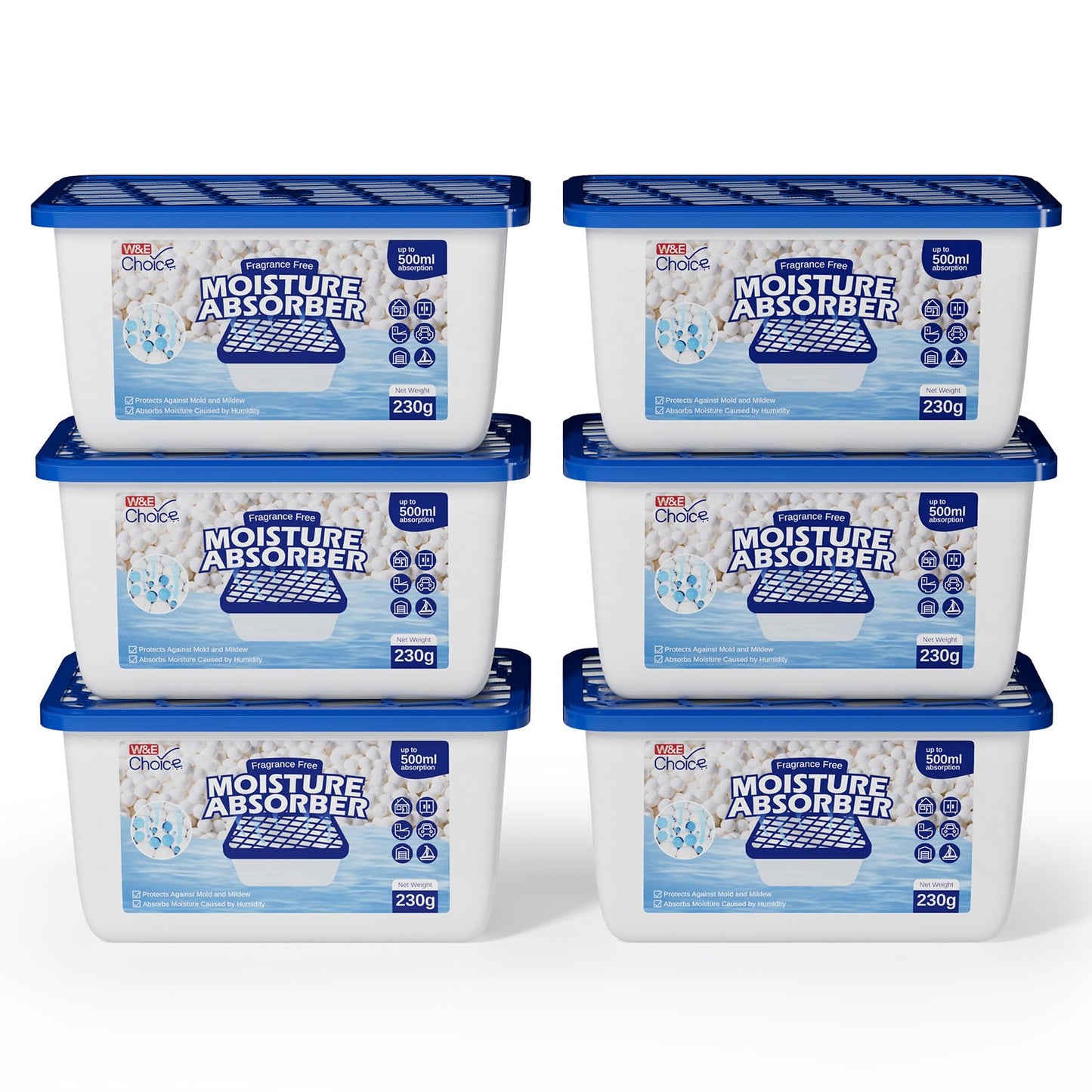 W&E Choice Moisture Absorbers, Portable Humidity Absorber Boxes for Your Bathroom, Closet & Car, Dehumidifier with Fragrance Free, 6 Pack