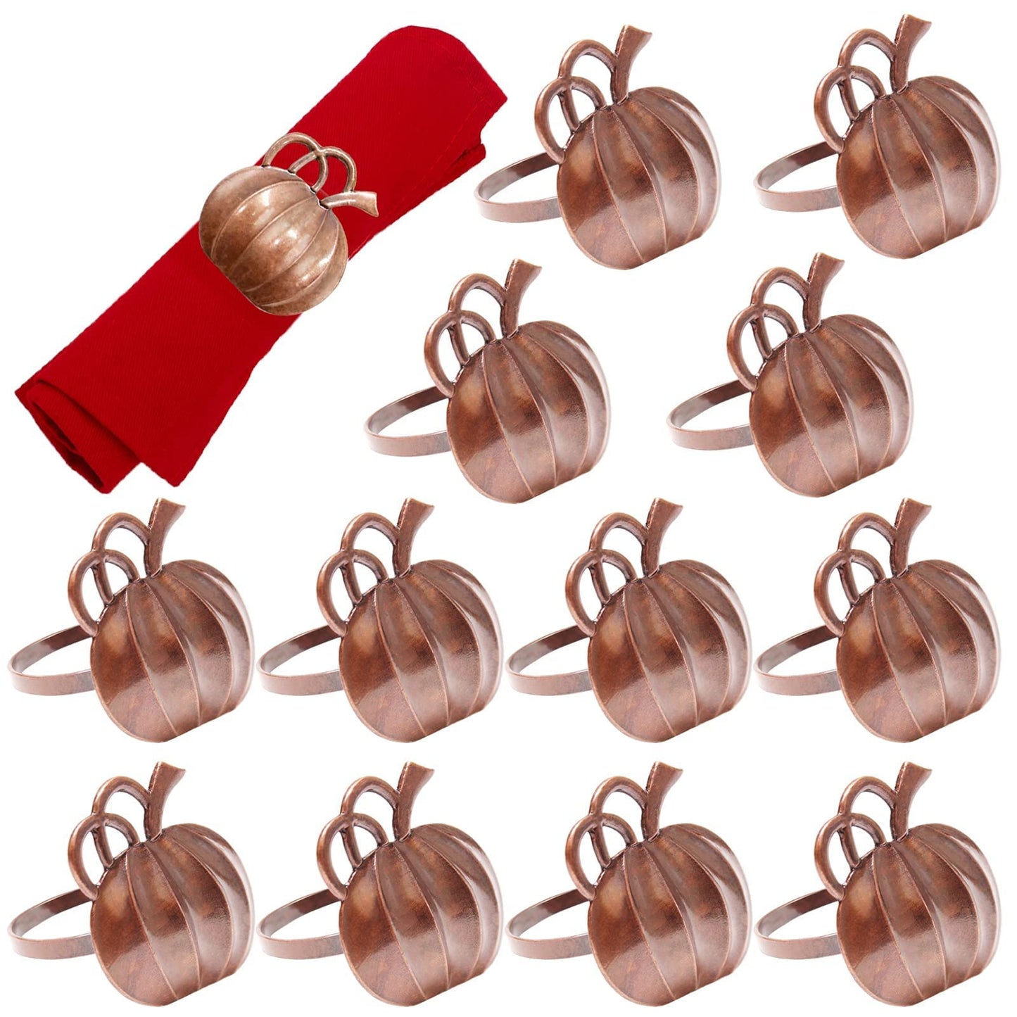Halatool Set of 12 Thanksgiving Napkin Rings- Fall Harvest Pumpkin Napkin Holder, Alloy Dinner Tables Napkin Ring Decoration for Thanksgiving Halloween Weddings Holidays Gathering Party (Bronze)