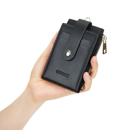 Cynure Women & Men Leather RFID Blocking Card Holder Slim Small Zipper Keychain Front Pocket Wallet with 2 ID Window, 1-plain black