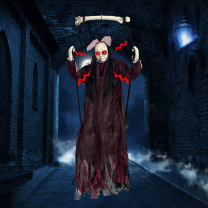KEUCL Halloween Decorations, Hanging Swing Ghost with Voice Activated, Creepy Sound/Light Up Eyes, Halloween Animatronics Spooky Haunted House Holiday Prop for Outdoor Indoor Yard Garden Patio Trees
