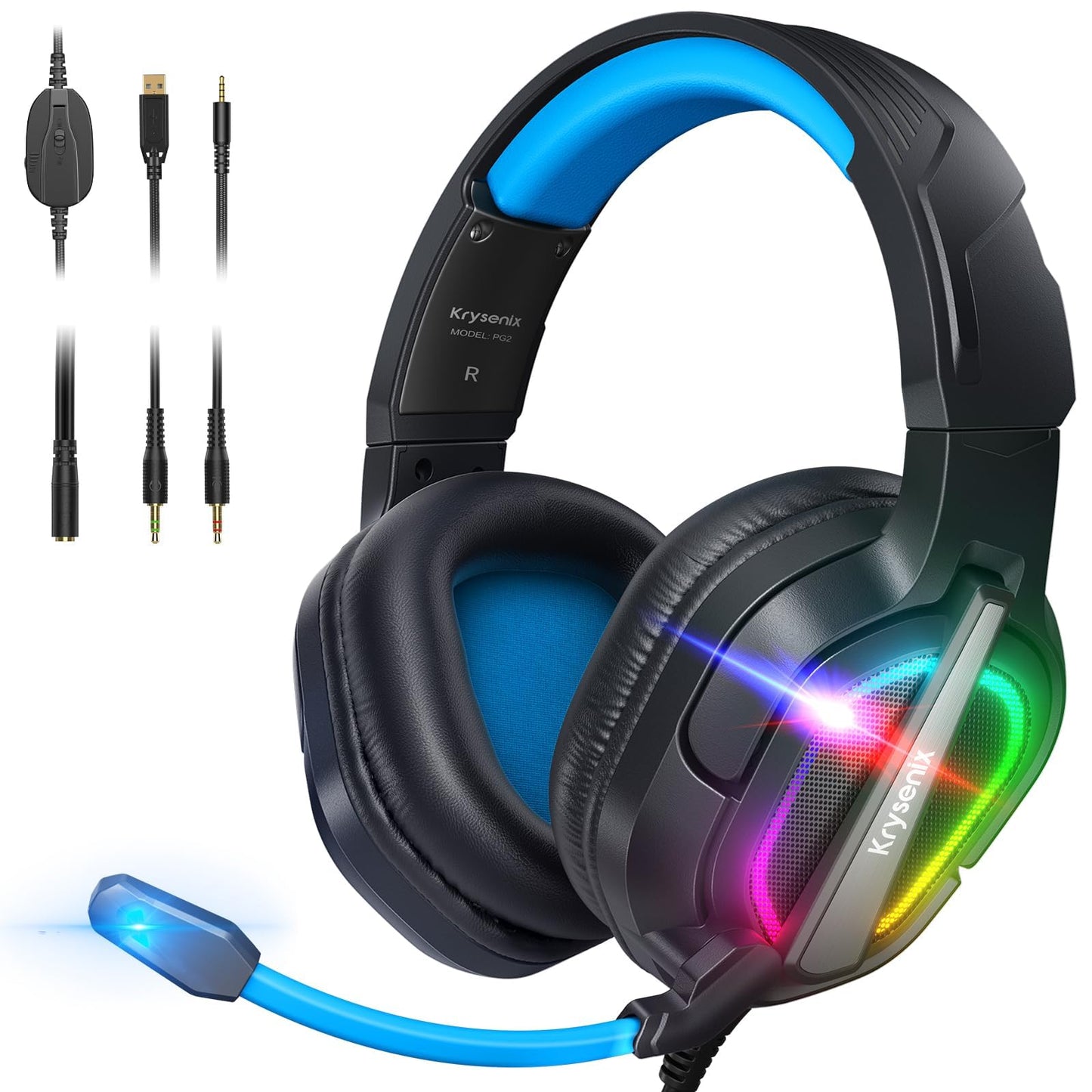 Krysenix Gaming Headset for PS4, PS5, PC, Mac, Xbox Series X, Noise Canceling Headphones with Microphone, PG2 Computer Headset with 3.5mm Jack & RGB Light Black/Blue