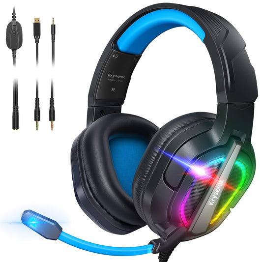 Krysenix Gaming Headset for PS4, PS5, PC, Mac, Xbox Series X, Noise Canceling Headphones with Microphone, PG2 Computer Headset with 3.5mm Jack & RGB Light Black/Blue