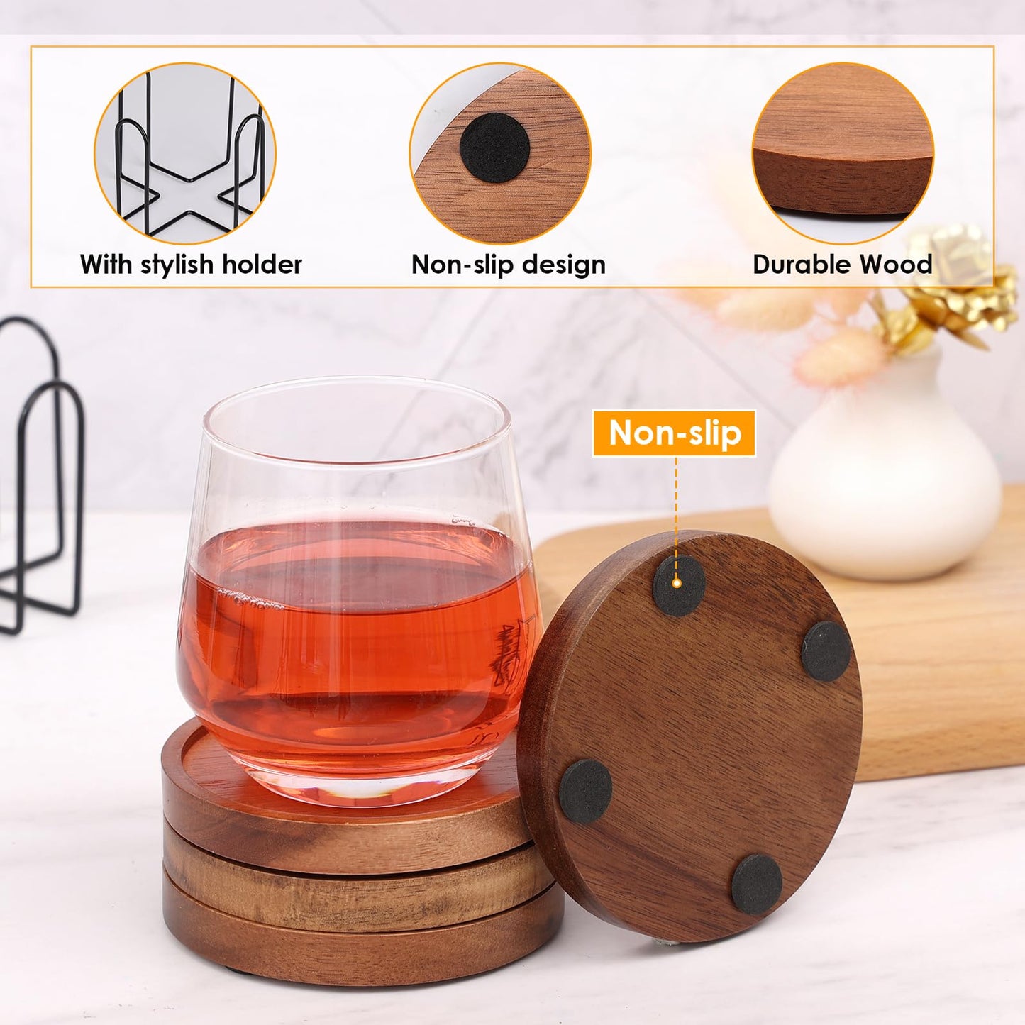 4 Pcs Wood Coasters for Drinks Absorbent, Wooden Coasters with Holder, Drink Coasters for Coffee Table, Absorbent Coaster Set for Table Protection Drink Coasters for Farmhouse, Office, Bar