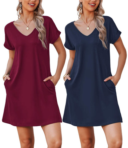 Ekouaer Women's 2 Pack Nightgown Short Sleeve Sleepwear Ladies Sleep Shirt V Neck Nightshirt with Pockets