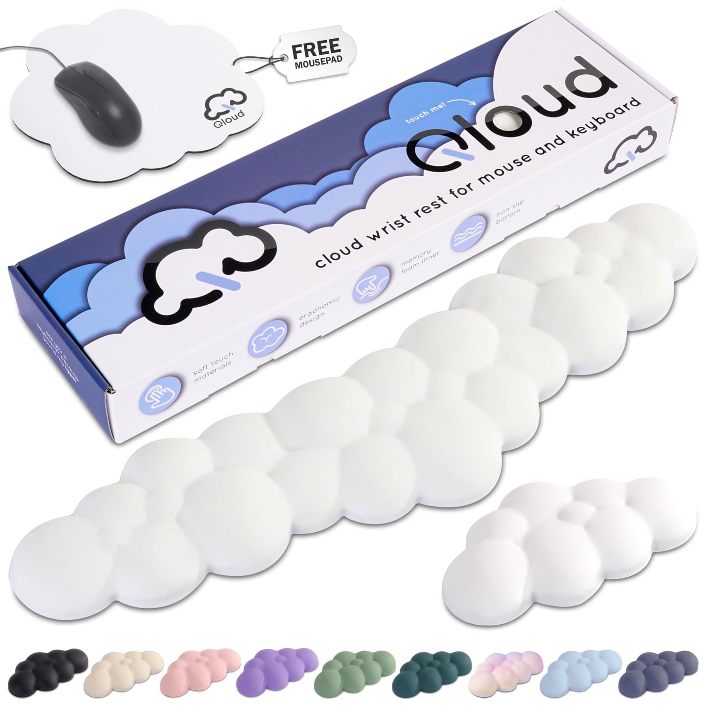 Create-ables Qloud Cloud Wrist Rest Keyboard Wrist Rest for Computer Keyboard Pad, Cloud Keyboard Wrist Rest, Wrist Pad for Keyboard, Memory Foam, Non Slip Base, Comes with Mouse Pad - White