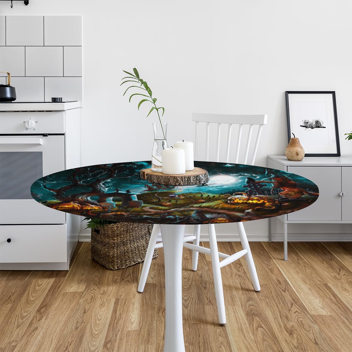 Halloween Turquoise Round Tablecloth with Elastic Halloween Decor Round Fitted Table Cover Wipeable Circle Outdoor Table Cloths for Kitchen Pattry Patio Dining Holiday Decorate Fit for 45"-50" Tables