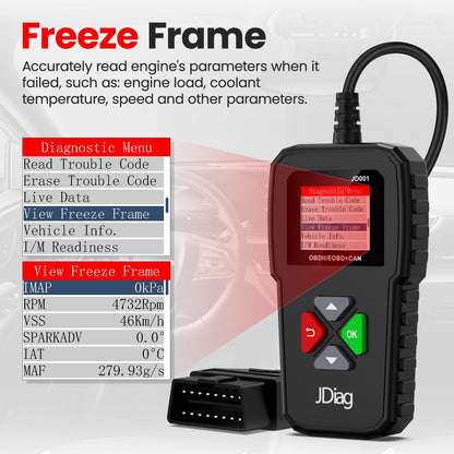 JDIAG JD001 OBD2 Scanner Professional Code Reader Engine Fault Scanner CAN Diagnostic Scan Tool for Cars Since 1996 Easy to Read and Clear False Code with DTC Lookup, I/M Readiness, Freeze Frame