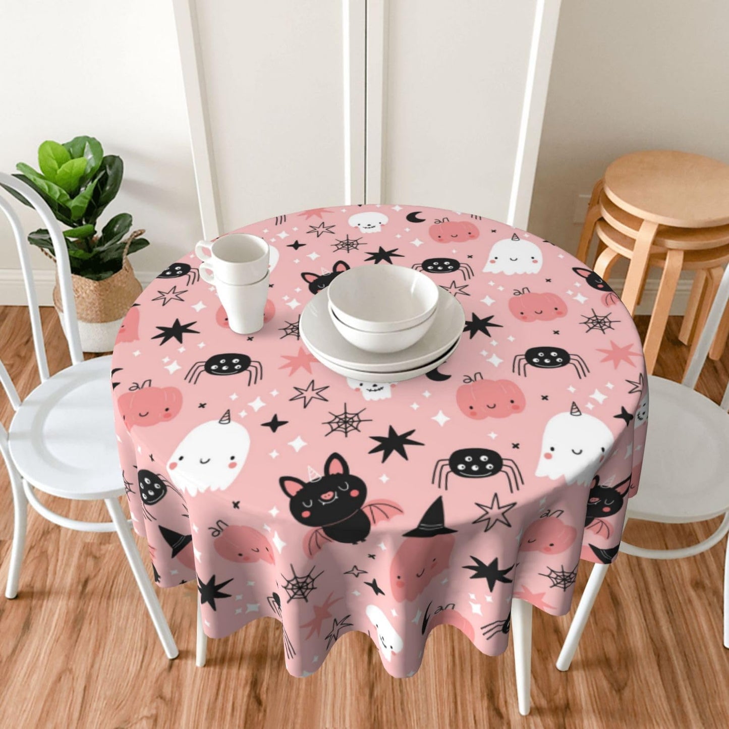 Kawani Halloween Pink Tablecloth Round 60 Inch Cute Ghost Pumpkins Decorative Table Cloth Washable Wrinkle Stain-Resistant Polyester Holiday Table Cover for Party Dinner Picnic Indoor Outdoor