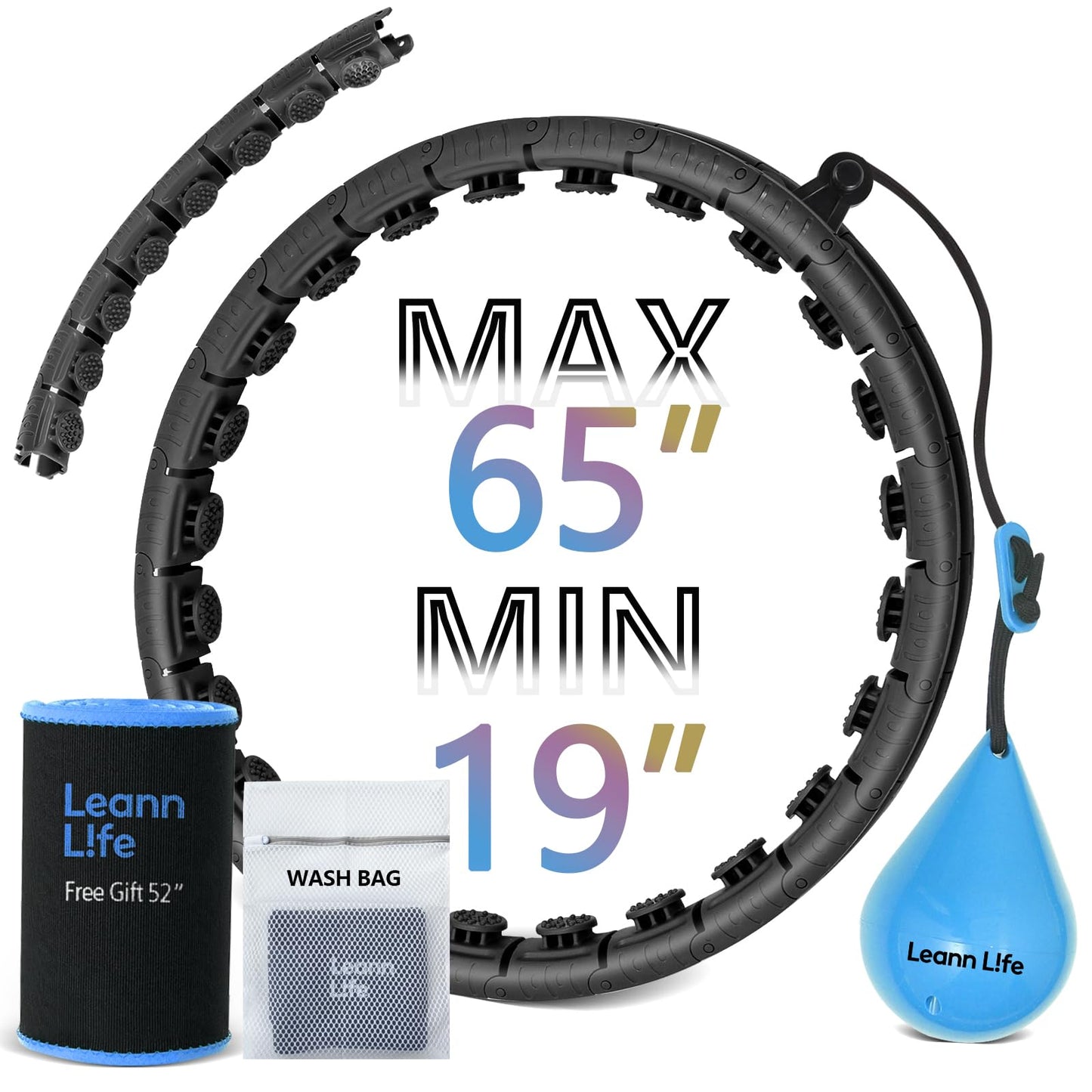 Leann L!fe U2 Black 32 Knots 19”- 65”, Adjustable Weighted Hula Hoop for Kids & Adults Weight Loss, Infinity Hoop Plus Size, Abdominal Toner, Free Waist Trimmer & Wash Bag, Black-Blue Ball