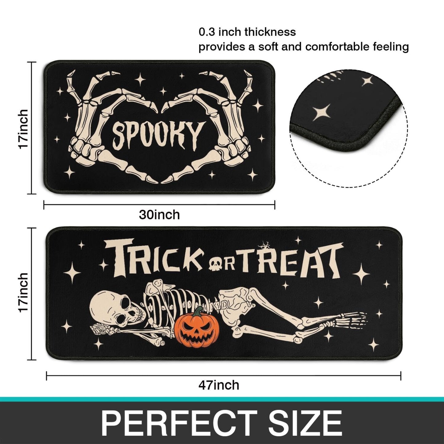 Ghroiep 2 Piece Halloween Kitchen Decor Rugs Set,Skeleton Kitchen Rugs and Mats Non Skid Washable Absorbent Kitchen Accessories Decoration Floor Mats 17"x47"+17"x30"