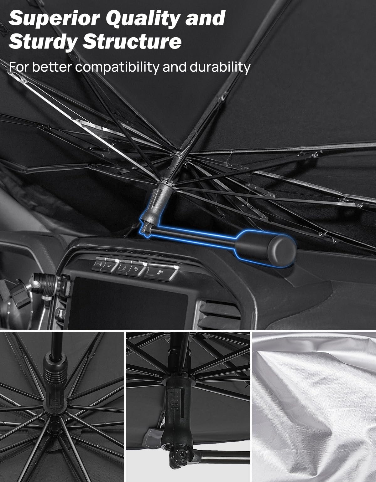JOYTUTUS Windshield Sun Shade Umbrella, Fit for Ford 2015-2024 F150 F250 F350, with 360° Rotation Bendable Shaft, Titanium Silver Coating for UV Ray Block, Car Front Window Sun Shade Keep the Car Cool