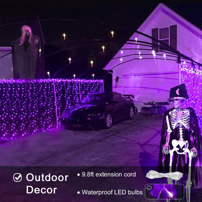 JMEXSUSS 300LED Purple Halloween Lights with Remote, Curtain Hanging Light Plug in, 8 Modes Purple String Lights for Bedroom Window Wall Party Backdrop Christmas Halloween Decorations