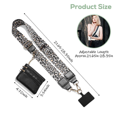 Clip and Go Phone Strap with Wallet Crossbody, Phone Chain Cross Body with Detachable Zippered Pouch, Phone Lanyard with Purse, Adjustable Mobile Strap(Leopard)