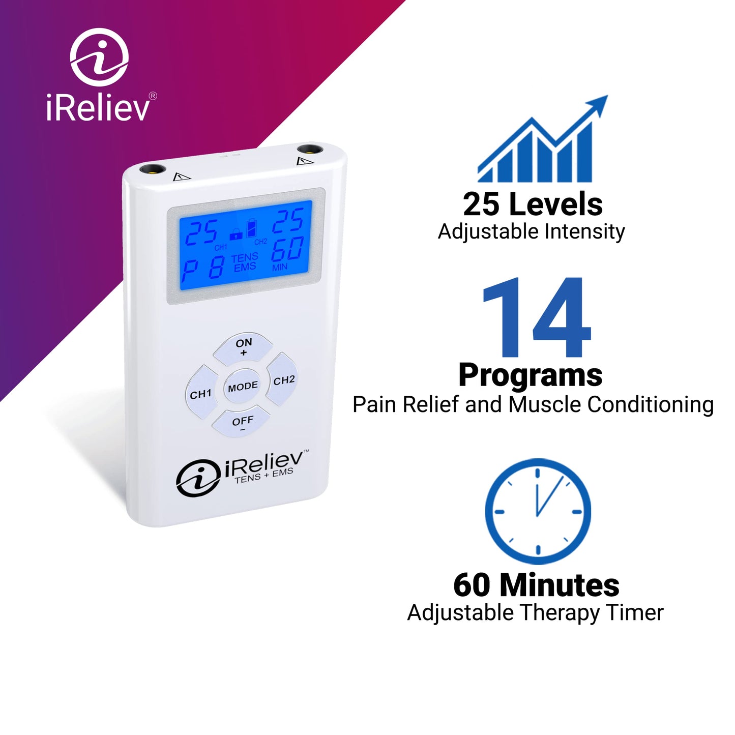 iReliev TENS + EMS Combination Unit Muscle Stimulator for Pain Relief, Arthritis, Muscle Strength - Treats Tired, Sore Muscles in Your Shoulders, Back, Ab's, Legs, Knee's, More