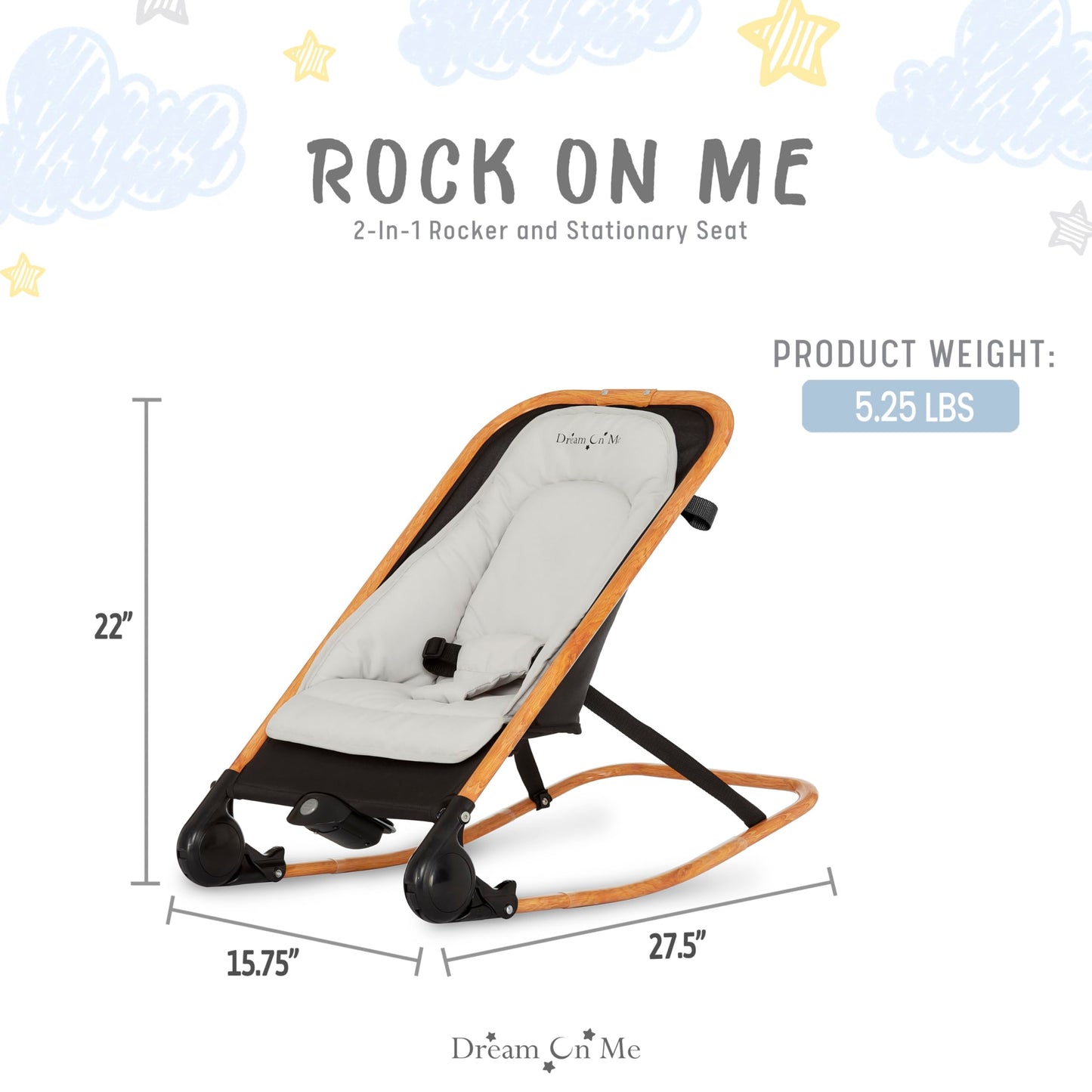 Dream on Me Rock with me 2-in-1 Rocker and Stationary Seat | Compact Portable Infant Rocker with Removable Toys Bar & Hanging Toys in Black & Grey