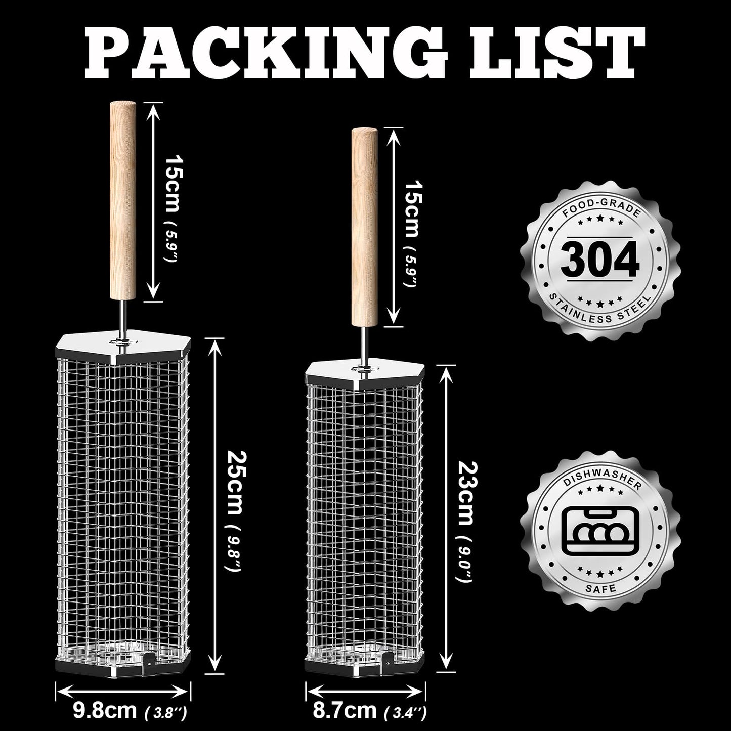 ivtivfu Rolling Grill Baskets (Hexagon), Removable Wooden Handle, 304 Stainless Steel, Nesting BBQ Accessories Tools for Vegetables Shrimp, Outdoor Cooking Camping, Birthday Gifts for Men Dad Husband