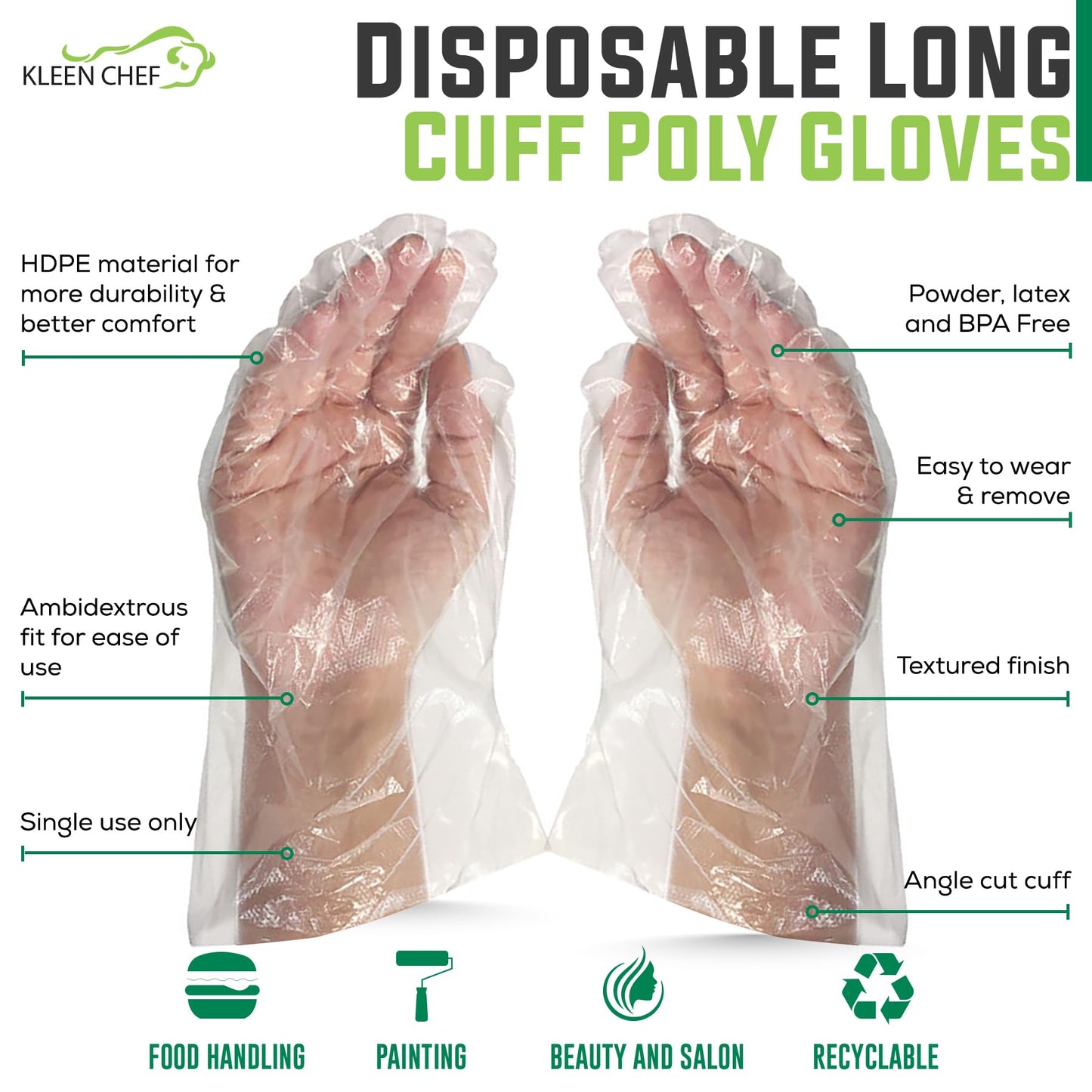 KLEEN CHEF Disposable Food Handling Long Cuff Poly Gloves | One Size Fits Most, 525 per Box (2 Boxes)