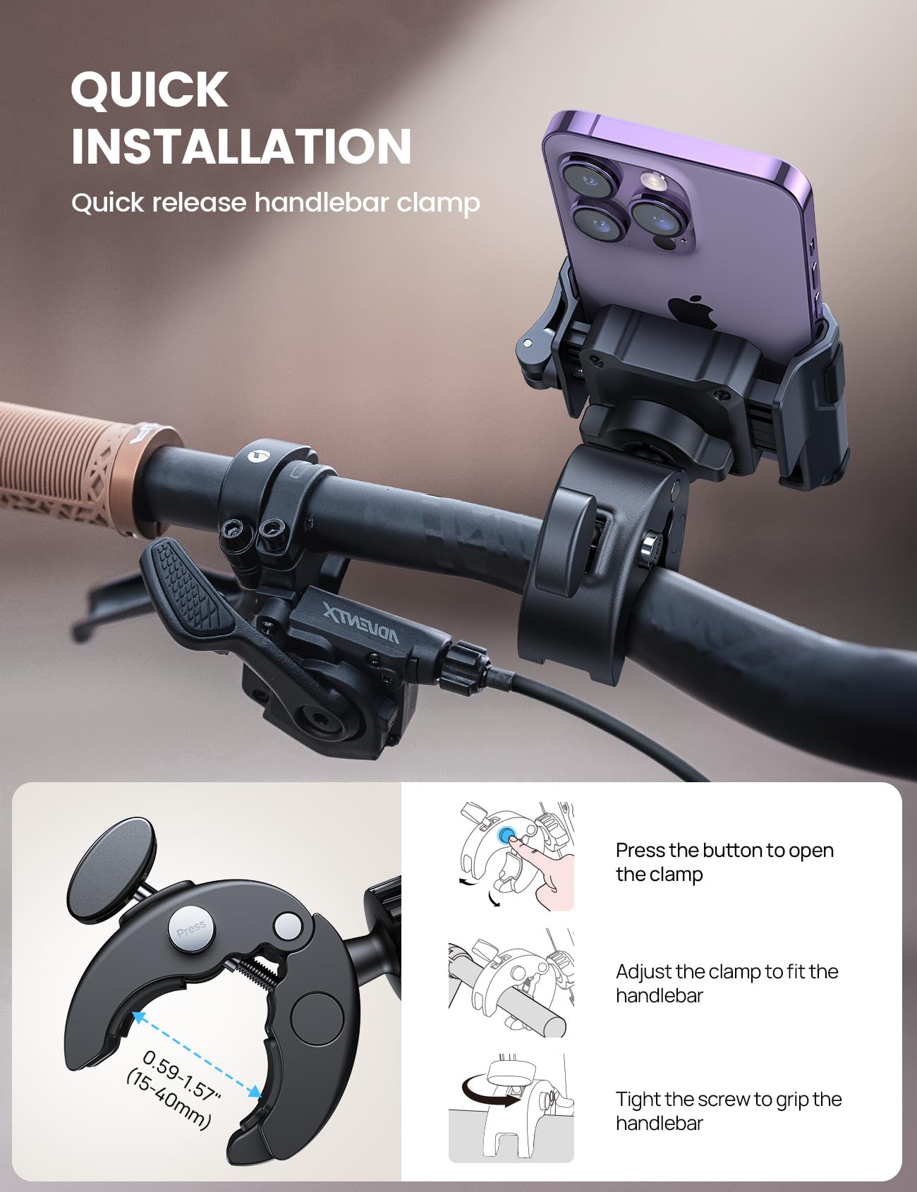 Lamicall Motorcycle Phone Mount Holder - [Camera Friendly] [1s Lock] Bike Phone Holder Handlebar Clamp, Bicycle Scooter Phone Clip, for iPhone Air, 17, 16, 15 Pro Max, Galaxy S25 Ultra, 4.7-7" Phones