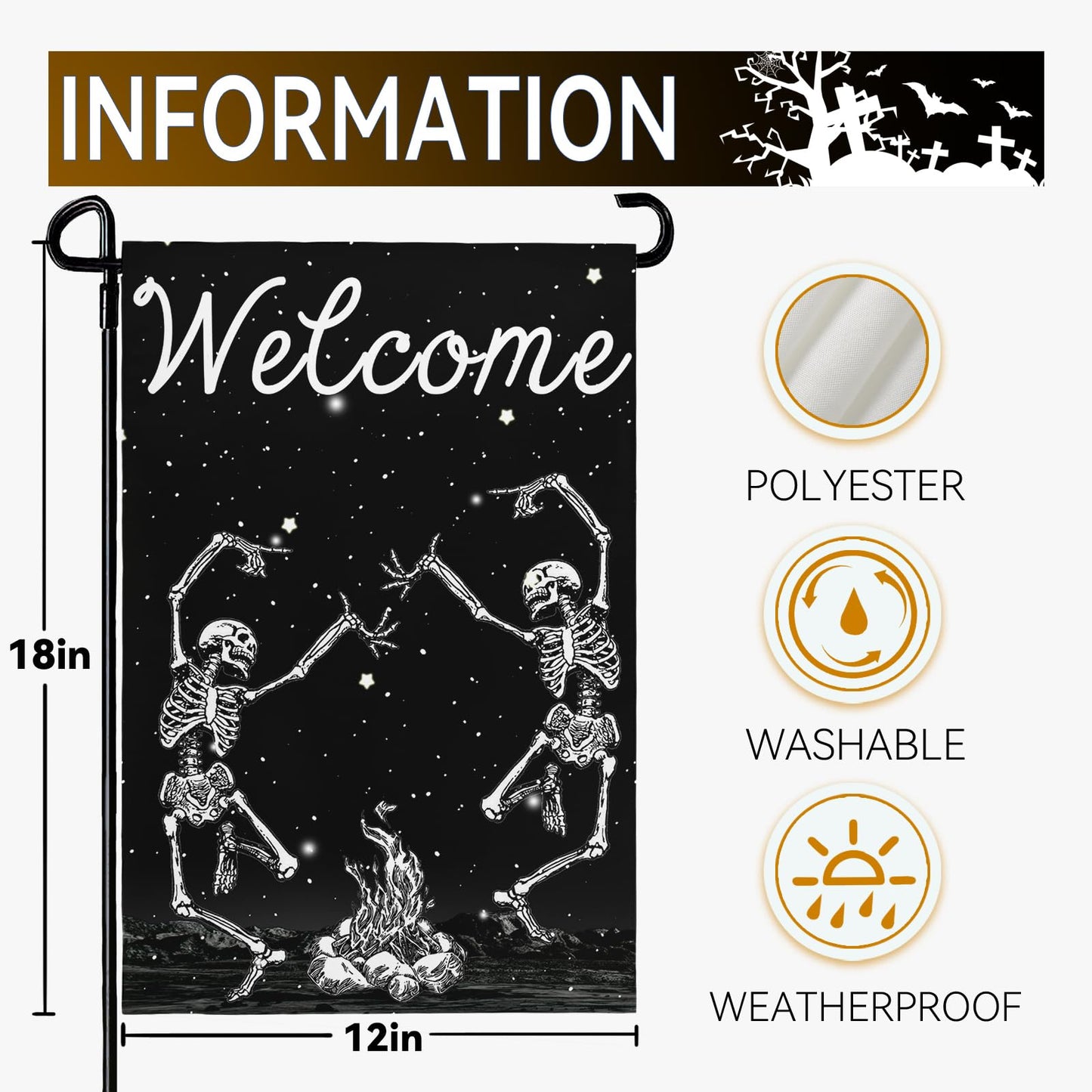 Cryfox Halloween Skull Welcome Garden Flags 12 x 18 Inch Dancing Human Skeletons Garden Flag for Outside Black Yard Flags Double Sided for Lawn Outdoor Decorations