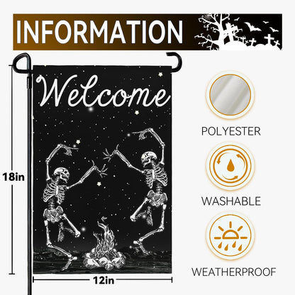 Cryfox Halloween Skull Welcome Garden Flags 12 x 18 Inch Dancing Human Skeletons Garden Flag for Outside Black Yard Flags Double Sided for Lawn Outdoor Decorations