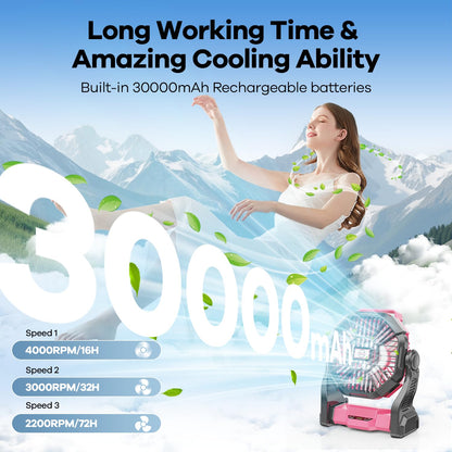 30000mAh Solar Fan with LED Lantern, 10W Solar Panel Rechargeable Battery Powered Camping Fan for Outside, 9 Inch Portable Battery Operated Hurricane Supplies for Picnic, Barbecue, Fishing, Travel