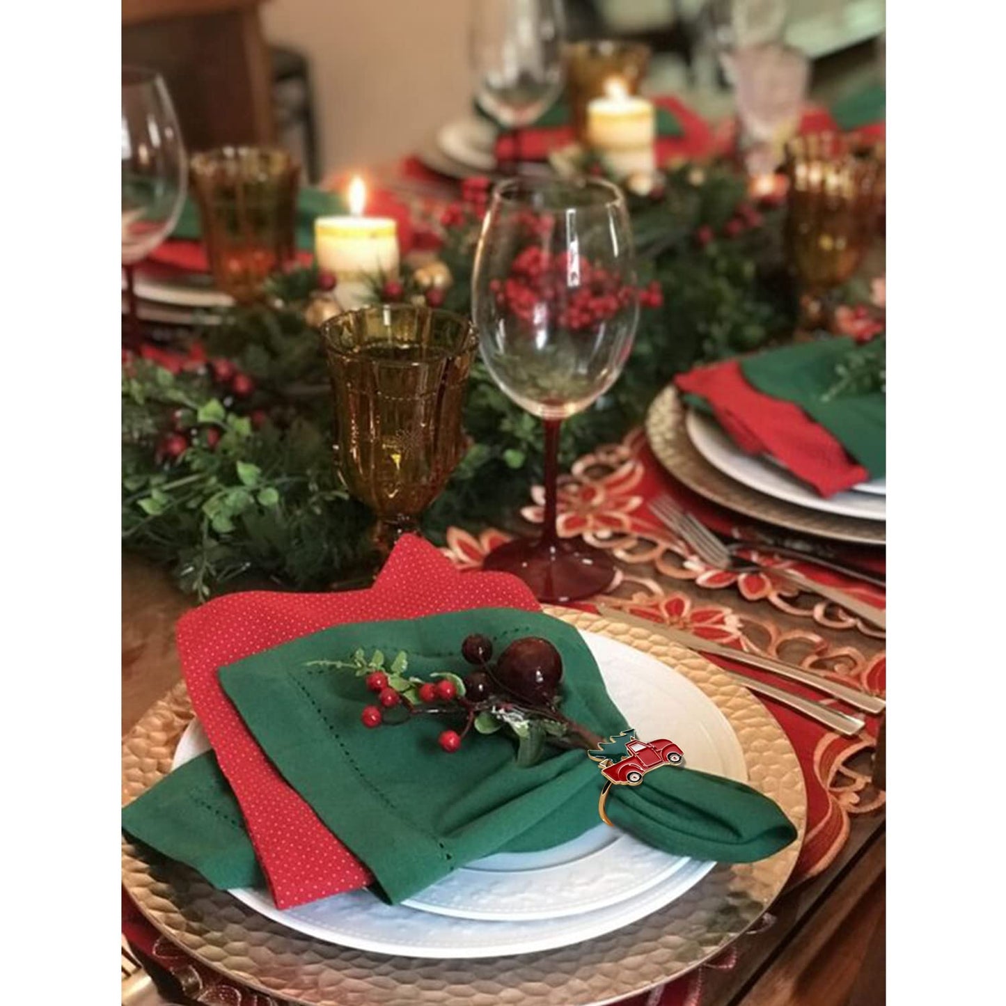 Kalopro Christmas Car and Tree Napkin Rings Set of 6,Xmas,Red and Green Napkin Rings Holder for Christmas,Thanksgiving,Dinner Party Table Decoration