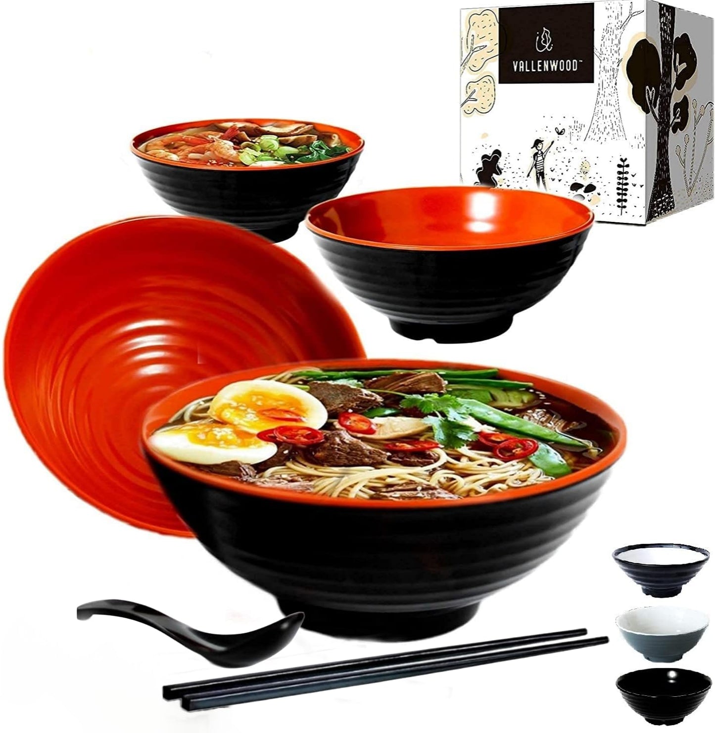4 Ramen Bowls, 12 pieces Pho set. Red Black Ramen Bowl Set. Unbreakable Melamine. Asian Japanese soup. Spoons And Chopsticks kit. . XL 37 oz. Noodles, Rice, Udon, Thai, Chinese, Korean, Wonton, Miso