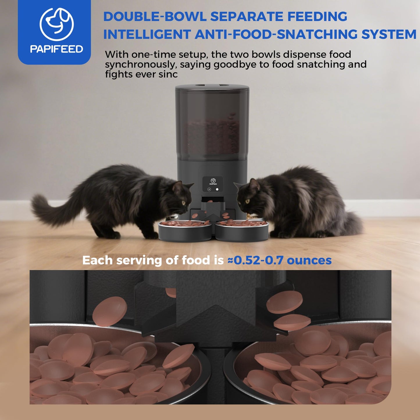 PAPIFEED 7L Automatic Cat Feeder for 2 Cats - 2.4G WiFi Timed Auto Feeder with APP Control, Cat Food Dispenser with Alexa for Multiple Cats, Detachable for Easy Clean, 1-10 Meals Per Day - Black