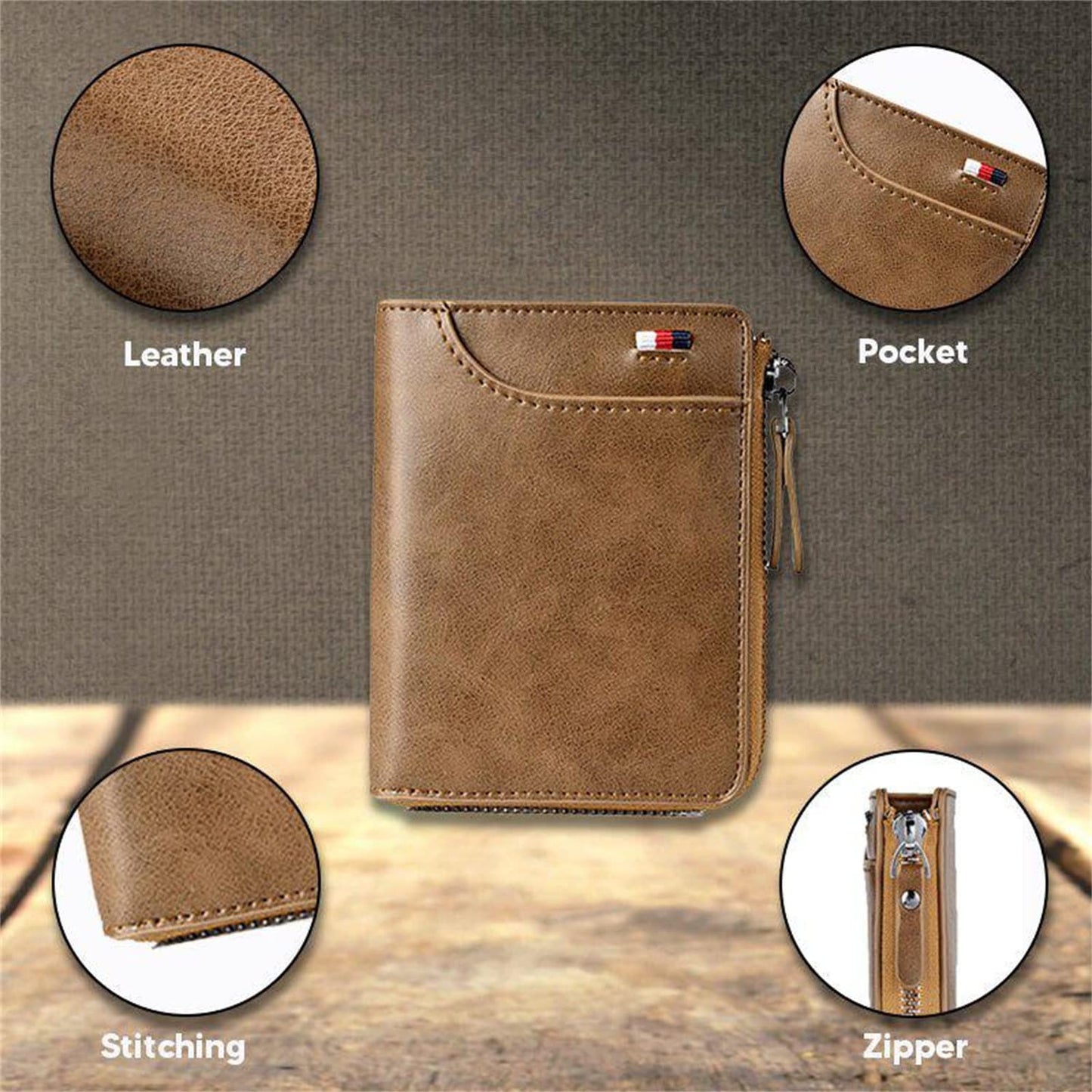 2023 New Multi-Functional RFID Blocking Waterproof Durable PU Leather Wallet, Large Capacity Zipper Wallets for Men Holds 1-14 Cards, Soft Slim Genuine Leather RFID Blocking Wallet Technology (KHAKI)