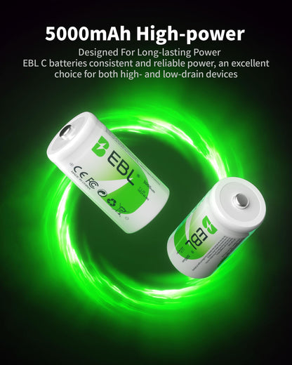 EBL Rechargeable C Batteries 5000mAh Ni-MH C Size Battery, Pack of 8