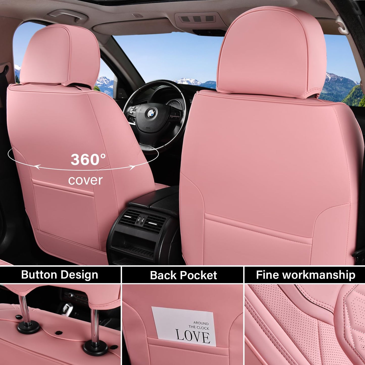 Coverado Car Seat Covers Full Set, Pink Leather Seat Covers for Cars, Universal Waterproof Car Seat Cover, Luxury Front and Back Car Seat Protector, Automotive Seat Covers Fit for Most Cars, Pink