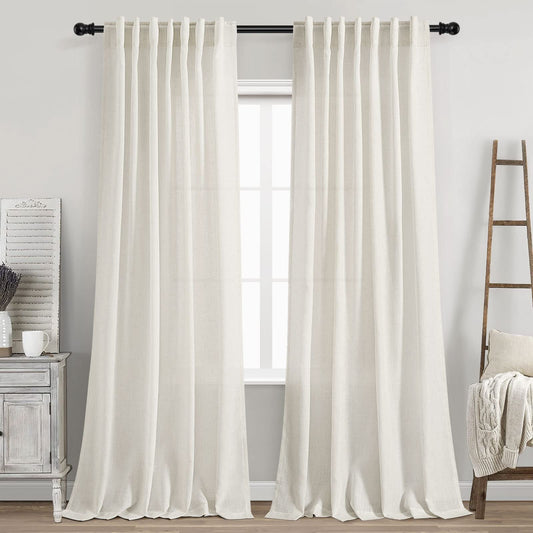 Cream Linen Back Tab Curtains 84 Inch Length for Living Room 2 Panel Set Neutral Modern Farmhouse Window Privacy Semi Sheer Linen Drapes Rustic Pinch Pleated Look Curtain Natural Ivory Colored