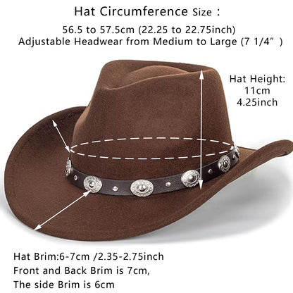 IZUS Western Outback Felt Cowboy Hat for Women Cowgirls-Fedora Rodeo-Hat 22"-22.75" fit for Medium