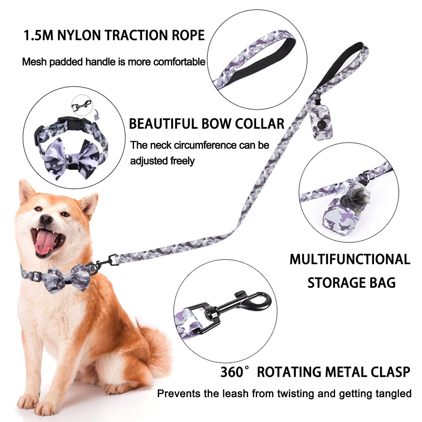 Dog Harness and Leash Set for Small Dogs, Adjustable Reflective No Pull Dog Vest Harness for Puppy with Bow-tie Collar, Leash and Poop Bag (M, Grey Camouflage)
