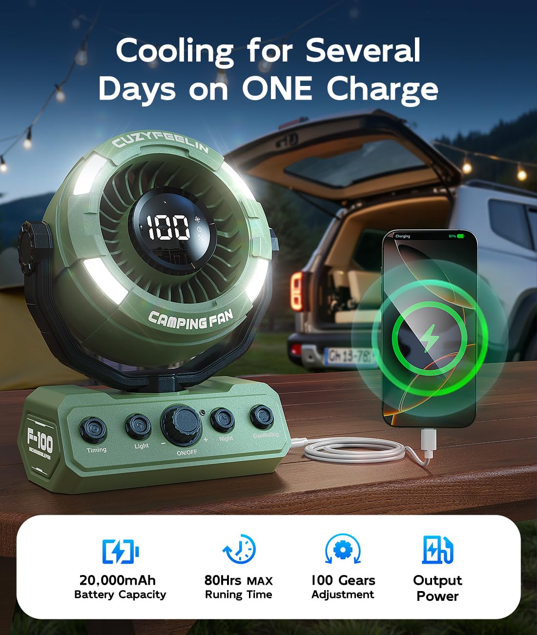 CuzyFeelin Portable Fan Rechargeable - Versatility Camping Fan with LED Lantern & Hook - USB Battery Powered, Cordless, 15-80H, 100 Speeds, 180° Oscillation - for Table, Outdoor, Tent, Travel - Green