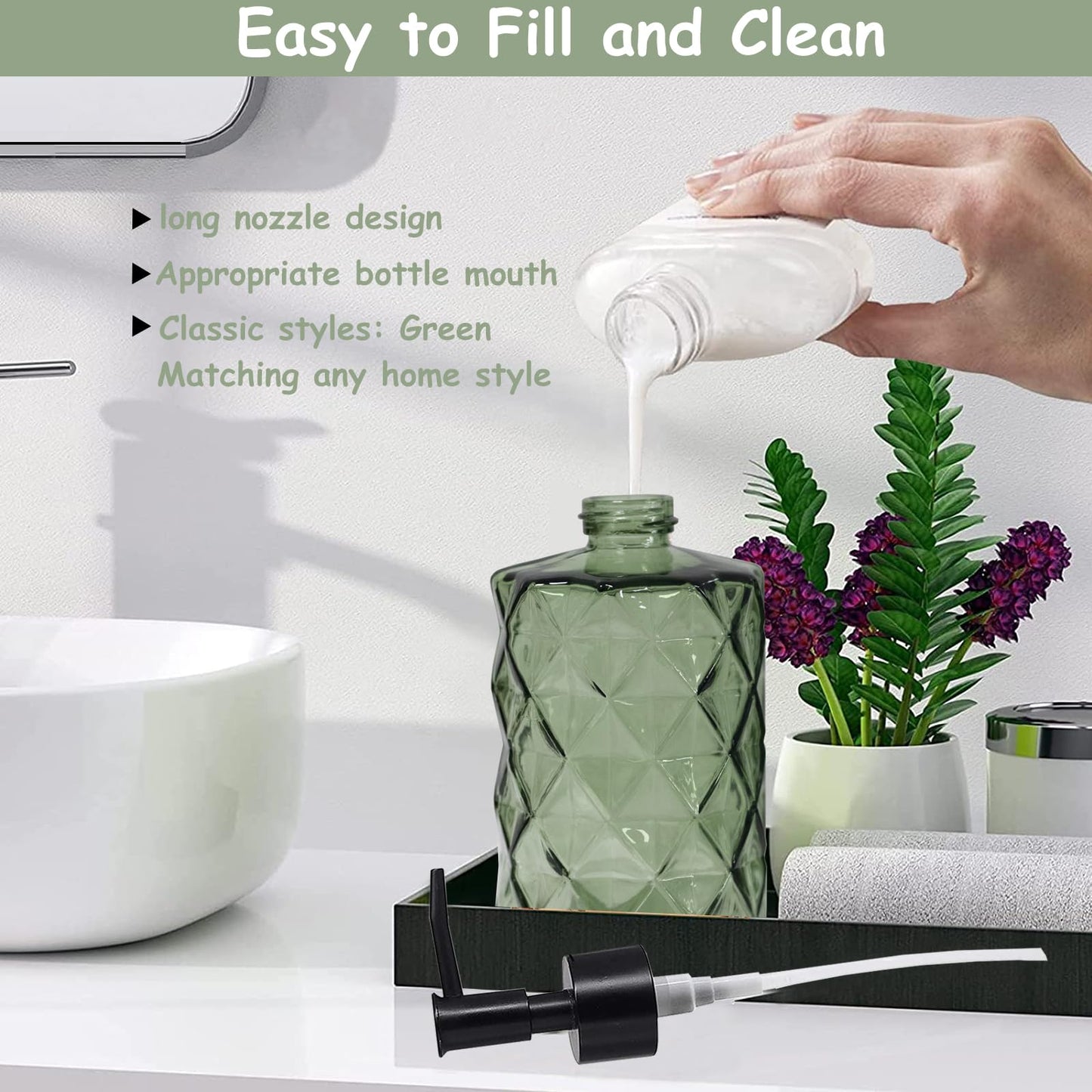 Green Glass Soap Dispenser with Black Plastic Pump, 12oz Refillable Liquid Hand Soap Dispenser, 2 Pack Crystal Lotion Bottle for Modern Home Decor, Bathroom, Kitchen Countertop, Hotel