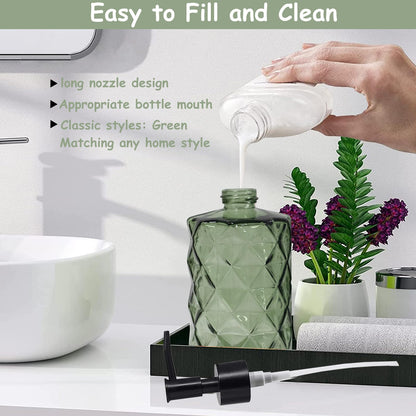 Green Glass Soap Dispenser with Black Plastic Pump, 12oz Refillable Liquid Hand Soap Dispenser, 2 Pack Crystal Lotion Bottle for Modern Home Decor, Bathroom, Kitchen Countertop, Hotel