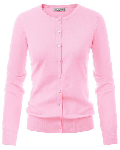 GRACE KARIN Pink Cardigan Sweaters for Women Long Sleeve Lightweight Cardigans for Women Crewneck Sweater Tops M