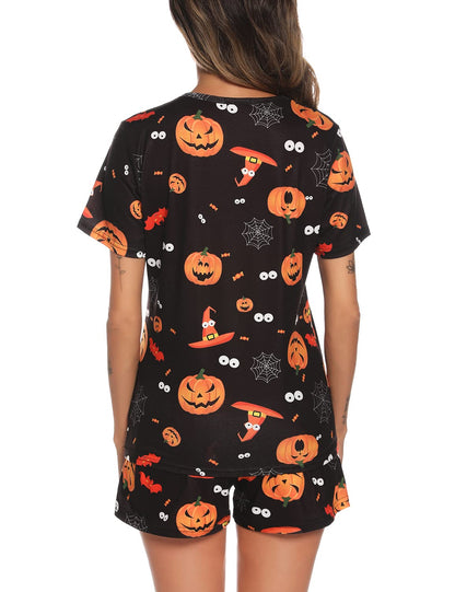 EISHOPEER Women's Halloween Pajamas Cute Print Tee and Shorts Sleepwear Pjs Sets Sleepwear Black M