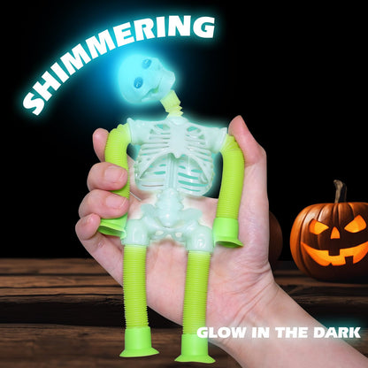 Halloween LED Skeleton Pop Tubes Light Up 4 Pcs Halloween Sensory Fidget Toys, Telescopic Suction Cup Autism ADHD Halloween Party Favors Goodie Bags Basket Stuffers Trick or Treat Toys for Kids 3+