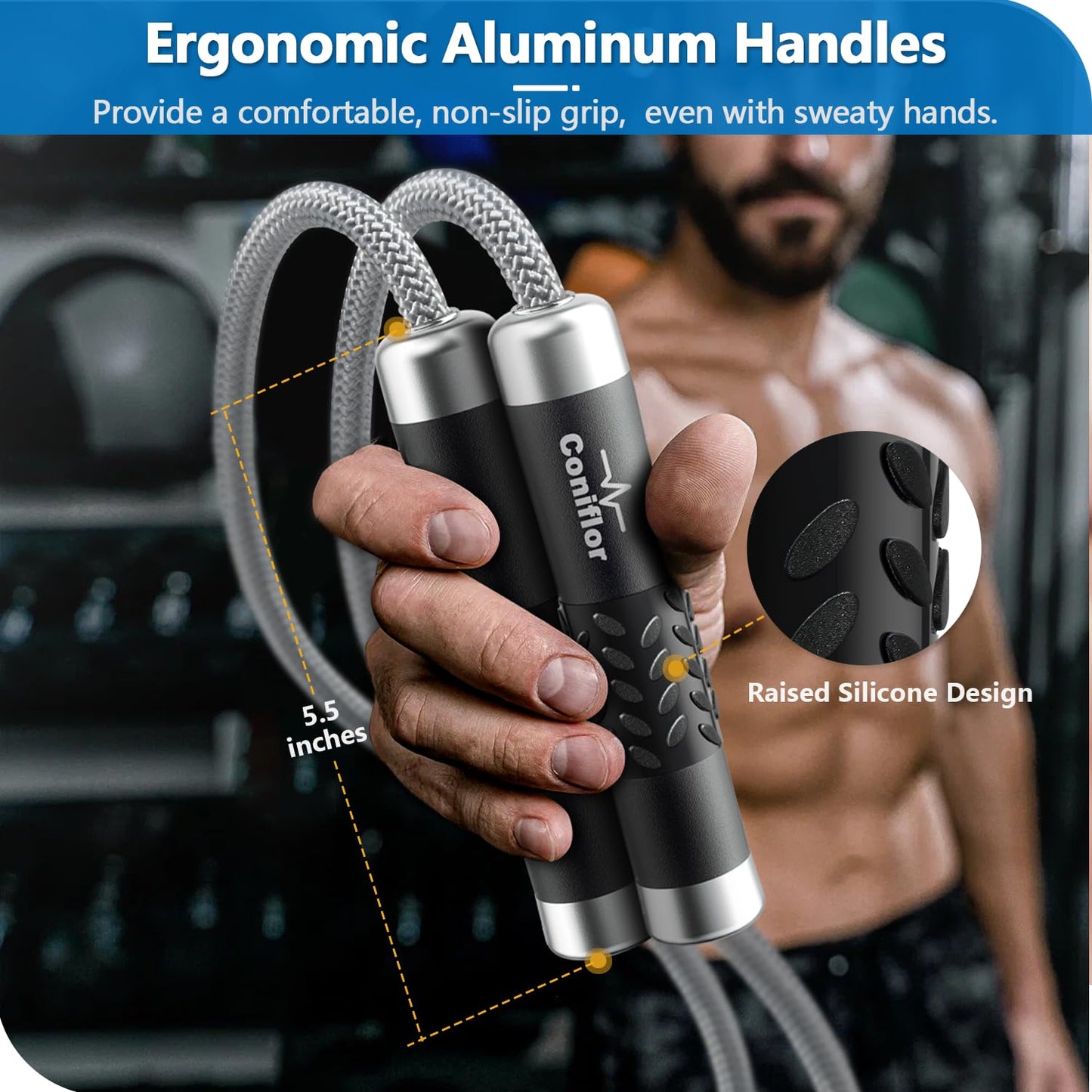 Coniflor Weighted Jump Rope, 1LB Tangle-Free Ball Bearing Rapid Speed Skipping Rope for Men Women, Adjustable 9mm Cotton & PVC Rope with Alum Handle for Boxing MMA Weight-Loss Athletic Workout Fitness