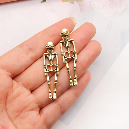 Gothic Skeleton Unique Earrings Punk Human Skull Funny Earrings Ghost Groom Bride Halloween Earrings Front Back Stud Earrings for Women (Gold)