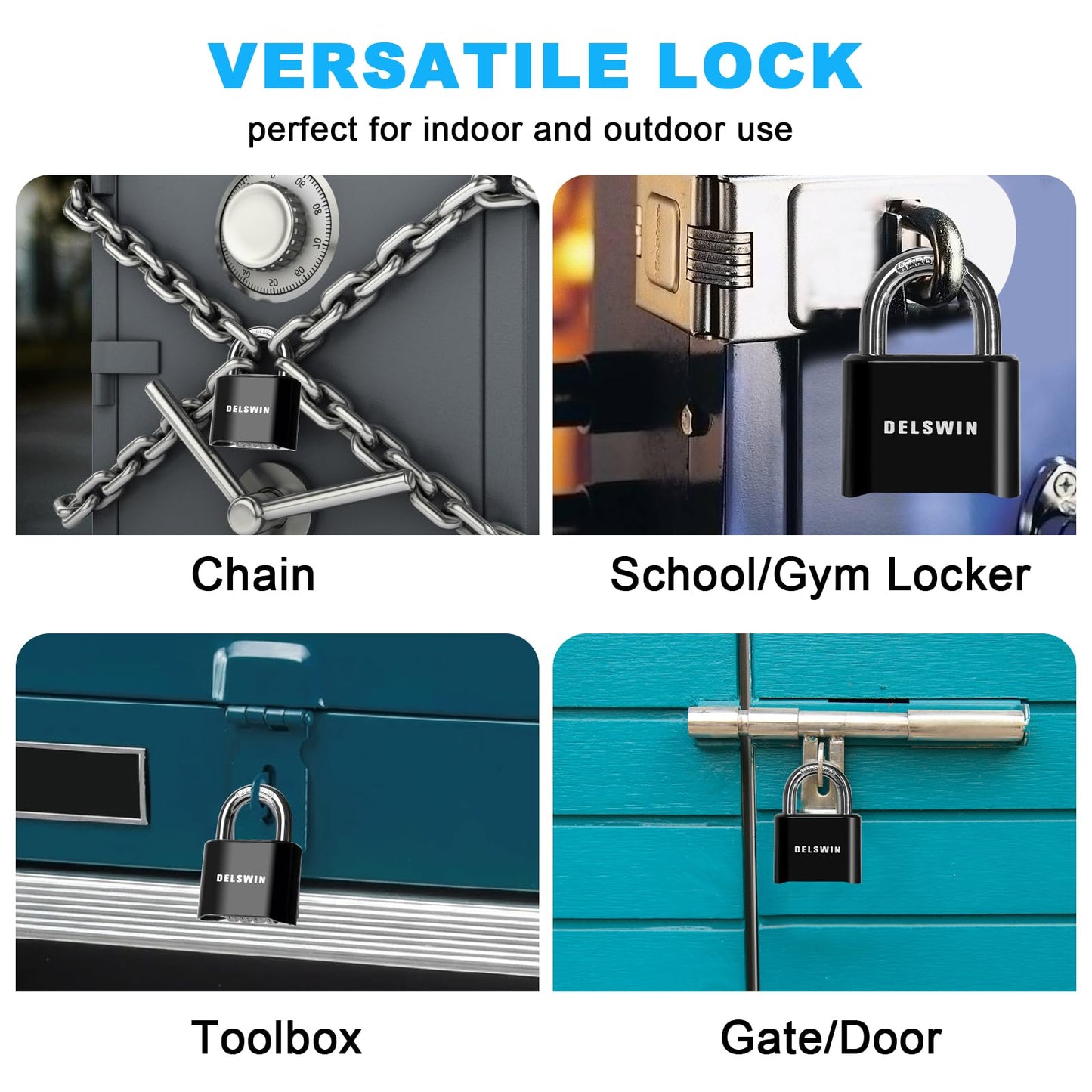 DELSWIN 4-Digit Combination Lock Outdoor Padlock - Heavy Duty Locker Lock with Hardened Steel Shackle, Waterproof Combo Lock for Gym Locker, Hasp Storage, Shed, Fence, Gate (Black,1Pcs)