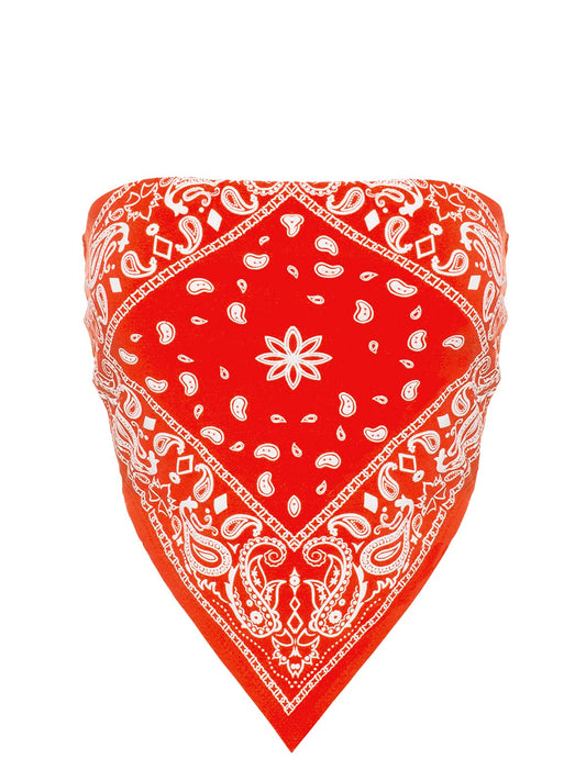 Design by Olivia Women's Sexy Paisley Print/Solid Bandana Tube Crop Top Shirt- Made in USA Orange S